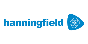 Logo of Hanningfield, featuring the company name in blue lowercase letters. To the right, there's a blue oval shape with white circular patterns inside, reflecting their expertise in processing and packaging equipment. Hanningfield are Global Leaders in the Design and Manufacture of Powder Processing and Containment Machinery
