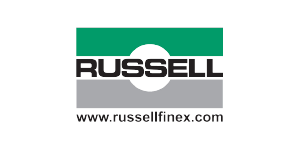 Logo with RUSSELL in black letters, a green semi-circle above, and a gray semi-circle below. The text www.russellfinex.com is displayed underneath, symbolizing excellence in processing and packaging equipment. Russell Finex are Global Leaders in the Design and Manufacture of Sieving and Filtration Systems