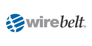 Logo of Wirebelt featuring a stylized globe on the left with blue lines, symbolizing their expertise in processing and packaging equipment, followed by the word wire in gray and belt in black. Wire Belt are the Worldwide Leader of Stainless Steel Conveyor Belt Manufacturing.
