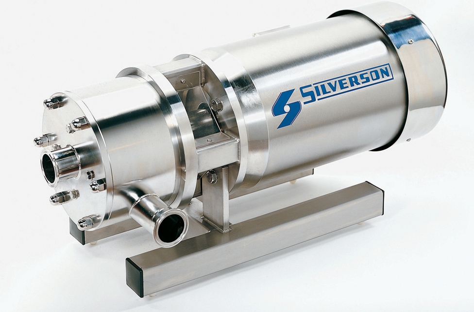 A Silverson In-Line Mixer in stainless steel with a white background on a stand