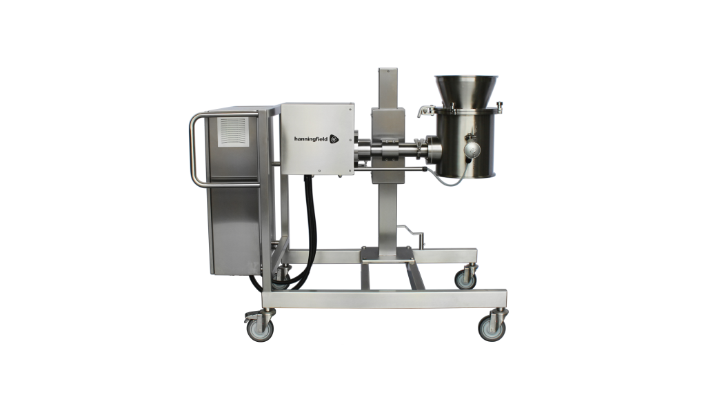 A Hanningfield Milling Machine M20U, mounted on a stainless steel mobile trolley with white background - Powder Processing and Containment