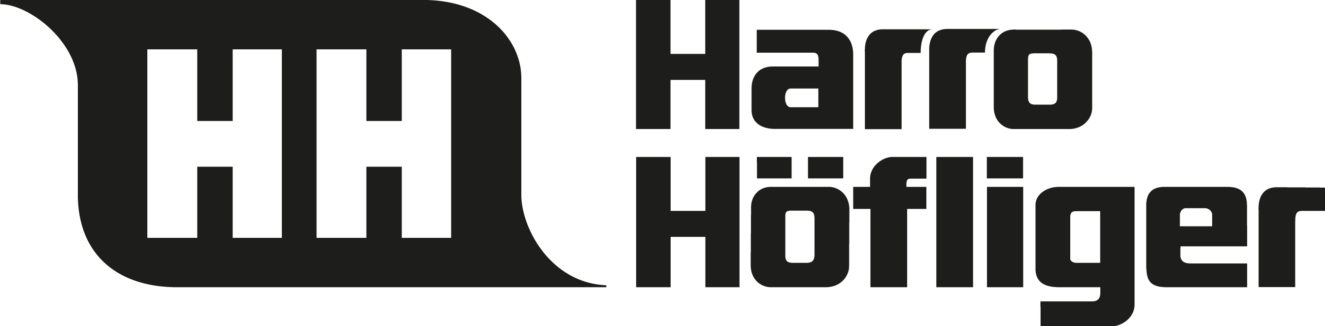 Logo of Harro Höfliger, renowned for its advanced processing and packaging equipment, showcasing stylized white HH letters on a black background with the company name in black text to the right.