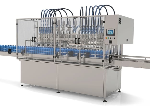 Imaco Liquid Filling Machine with blue bottles travelling on a conveyor into the filling machine
