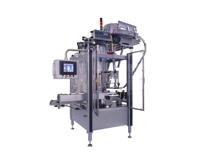 Zalkin Rotary push-in / snap-on Capper. A stainless steel industrial packaging machine with a digital control panel and multiple conveyor belts. The machine features an open door, exposing internal components and wiring.