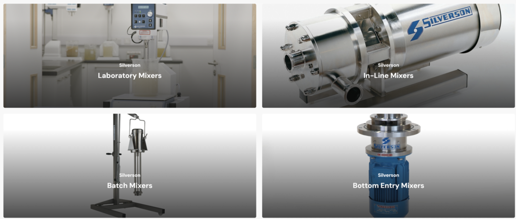 Silverson Mixers Gallery shows a range of mixers, including Laboratory Mixers, In-Line Mixers, Batch Mixers and Bottom Entry Mixers.