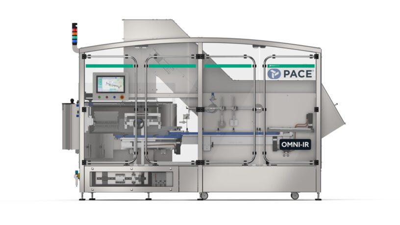 Pace Omni HR Bottle Unscrambler. A side view of the PACE OMNI-IR industrial machine showcases its advanced bottle unscramblers and bottle orienters. The device includes a touchscreen control panel on the left, with conveyor belts and components visible through transparent panels for efficient bottle cap handling.