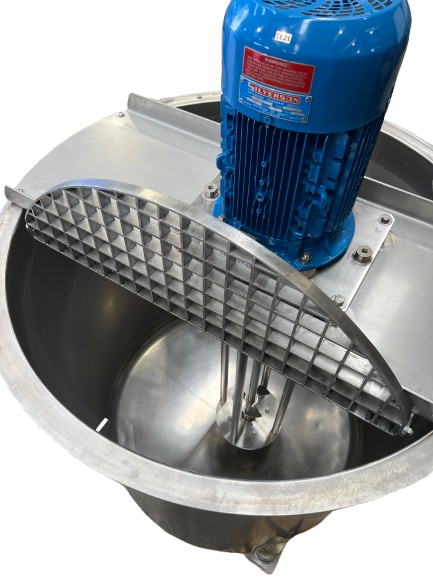 Silverson Mixer with custom built tank. A large industrial mixing bowl, resembling specialized tanks and vessels, features a grated cover and a blue motor atop. Inside, robust mixing blades hint at its design for heavy-duty use in manufacturing or processing environments.