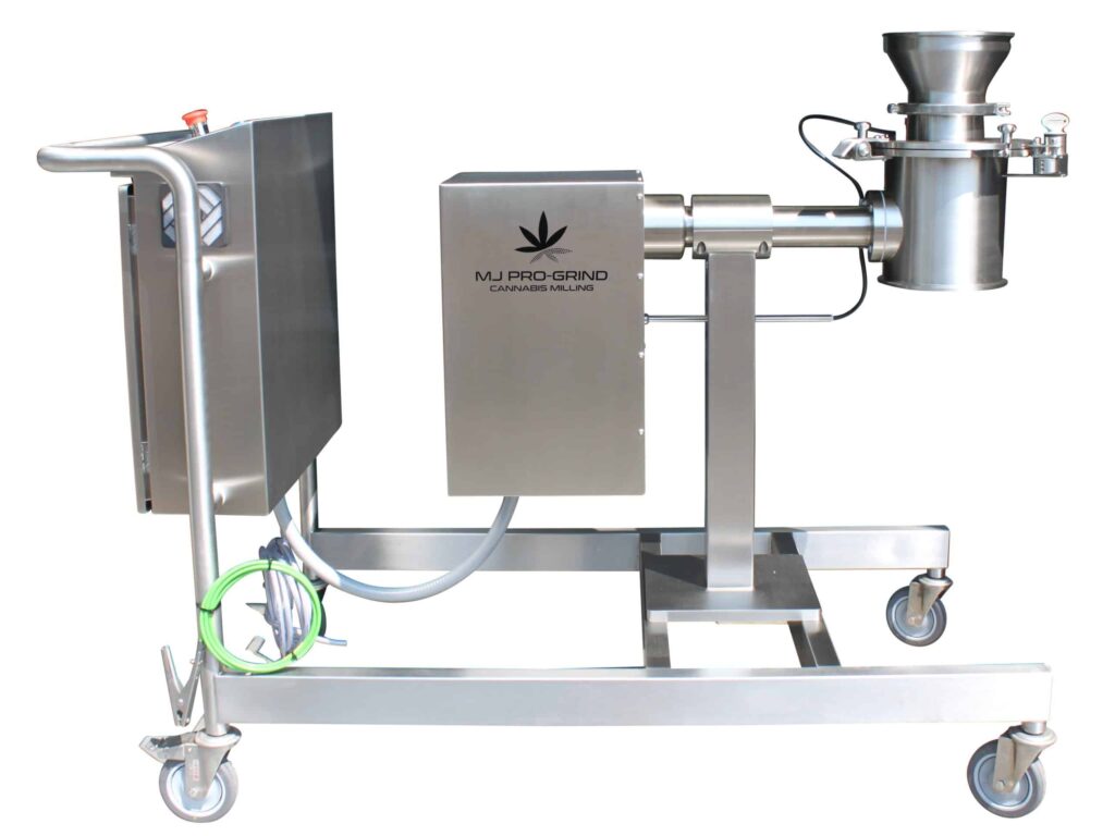 Hanningfield MJ Pro Grind. Silver cannabis milling machine with a logo, featuring a control panel and grinder for efficient powder processing, mounted on wheels for mobility and enhanced containment.
