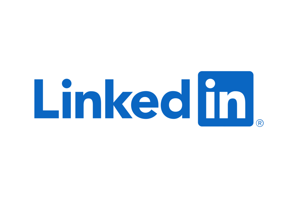 LinkedIn logo with the word Linked in blue letters and in inside a blue square, also in white letters, on a transparent background.