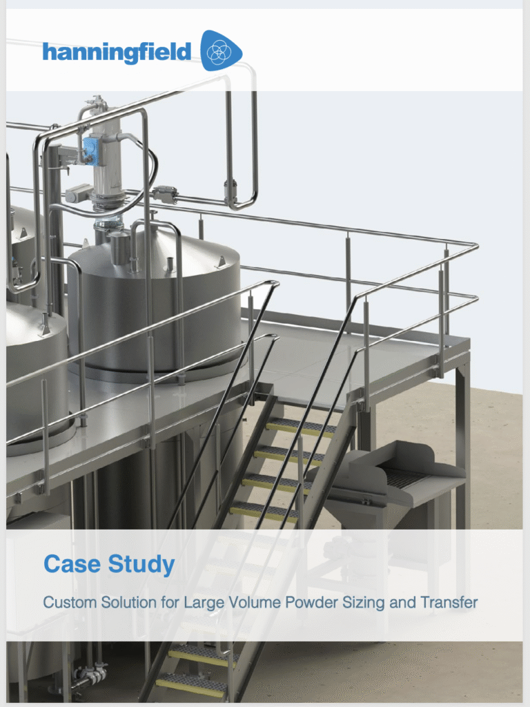 Industrial stainless steel equipment with stairs and railings, part of a hanningfield facility for powder processing. Text reads: hanningfield Case Study: Custom Solution for Large Volume Powder Sizing and Transfer.