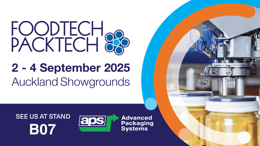 Event poster for Foodtech Packtech, held 2–4 September 2025 at Auckland Showgrounds. Features a machine filling jars and info: See us at stand B07, with the APS Advanced Packaging Systems logo.