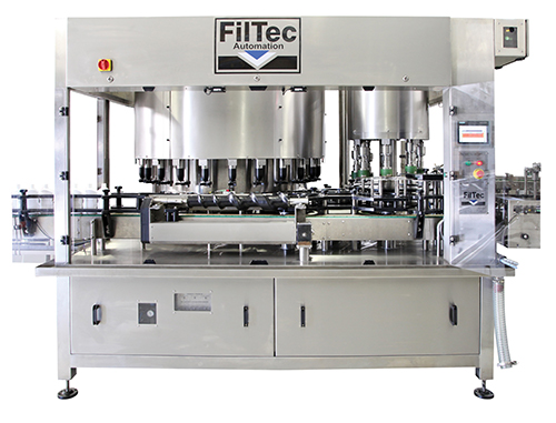 A stainless steel Filtec automated bottling machine with multiple filling heads, conveyor system, control panel, and the label FilTec Automation on top, used for industrial liquid packaging.