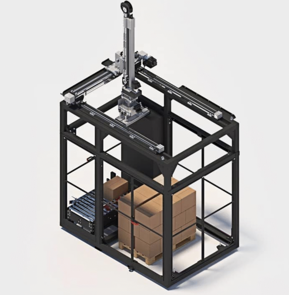 4AXIS Palletiser. A robotic gantry system is positioned above a pallet stacked with cardboard boxes, inside a black metal frame enclosure, likely for automated material handling or packaging.