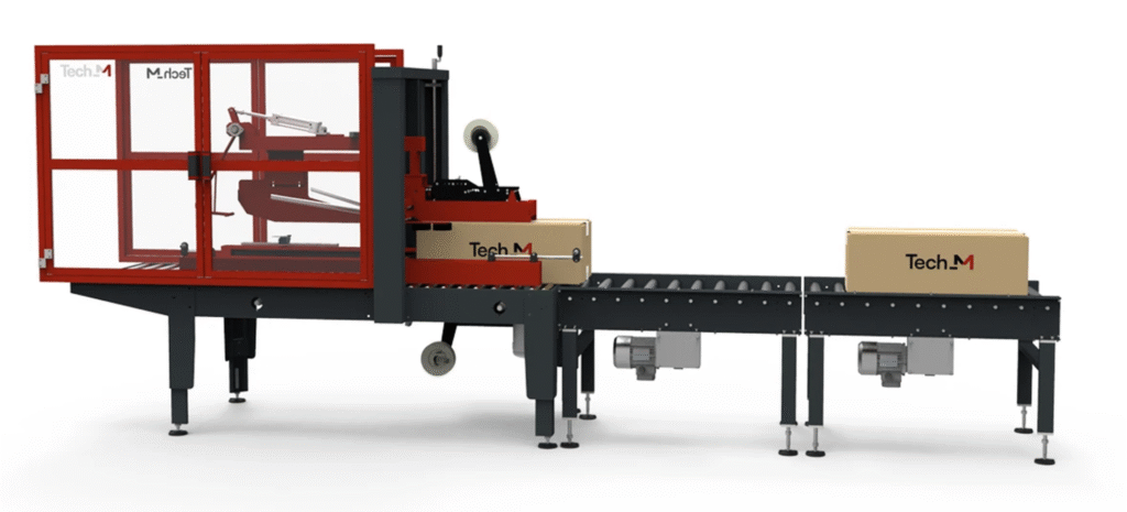 DNC Packaging Case Sealer. A packaging machine with a red and black frame is sealing cardboard boxes labeled Tech.M as they move along a conveyor belt.