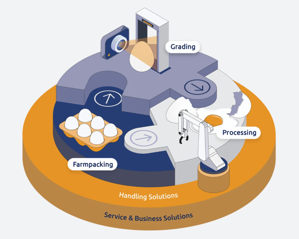Isometric illustration of an automated egg processing system, showing stages labeled Farmpacking, Grading, and Processing as eggs move through machinery on a circular platform. Text reads “Handling Solutions” and “Service & Business Solutions.”.