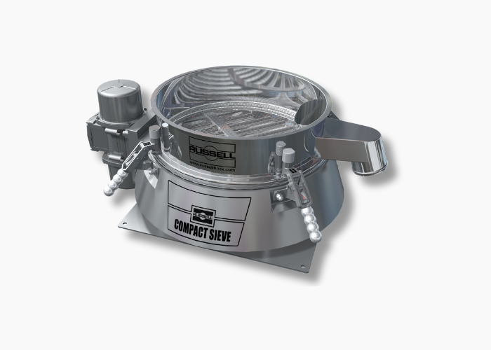 A stainless steel industrial sieve machine labeled Russell Compact Sieve, ideal for bakery applications, featuring a round mesh screen, side outlet, motor, and control levers on a white background.