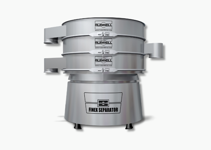 A stainless steel industrial machine labeled Finex Separator with three stacked circular tiers and side outlets, used for separating bakery materials. The brand Russell Finex is visible on each tier.