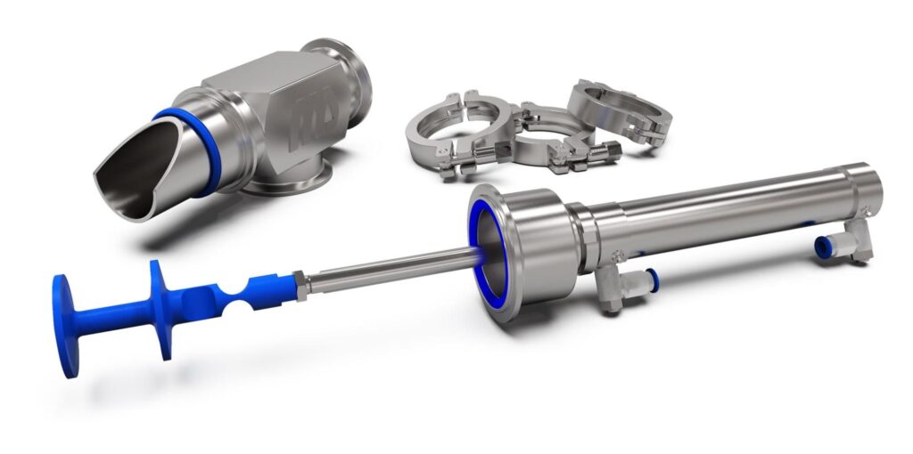 Dinnissen Sampling Systems. Stainless steel industrial valve components and clamps by Dinnissen with blue silicone seals arranged on a white background; includes a plunger-like assembly and various fittings.