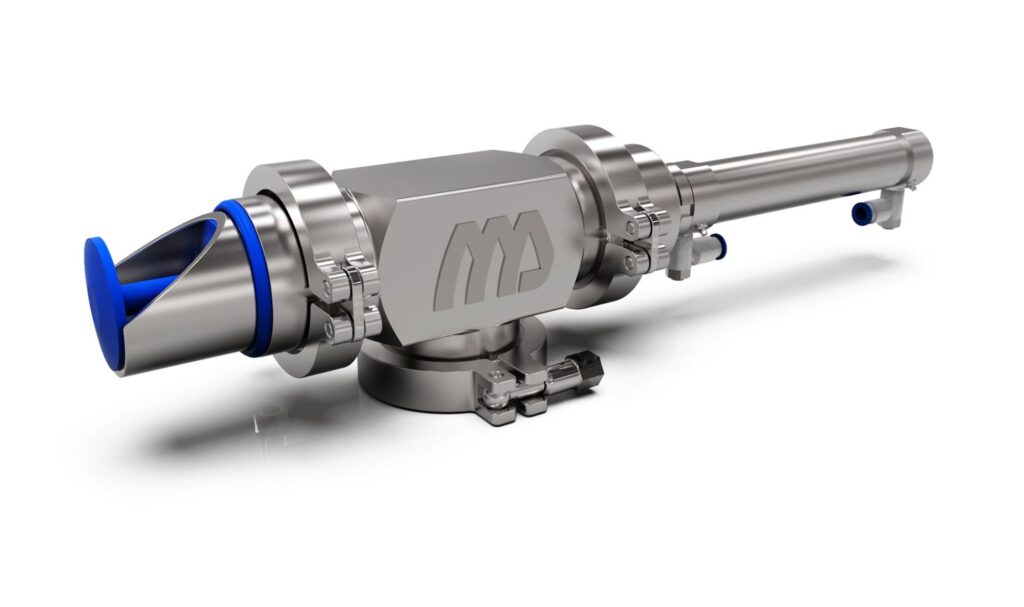 Dinnissen Sampling Systems. A stainless steel industrial valve from Dinnissen with a cylindrical shape, blue accents, flanged ends, and a mechanical logo engraved on the central section, set against a white background.
